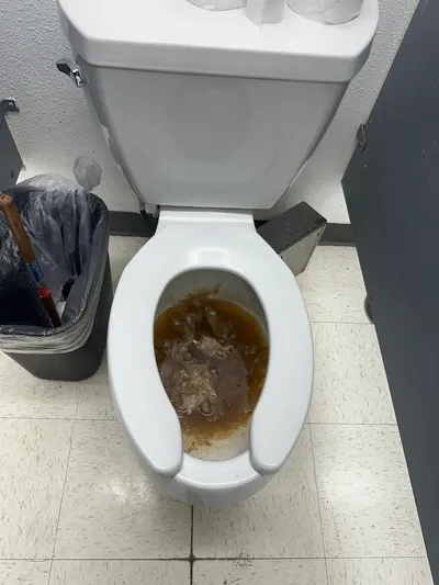A severely clogged toilet with discolored standing water before a drain cleaning visit.